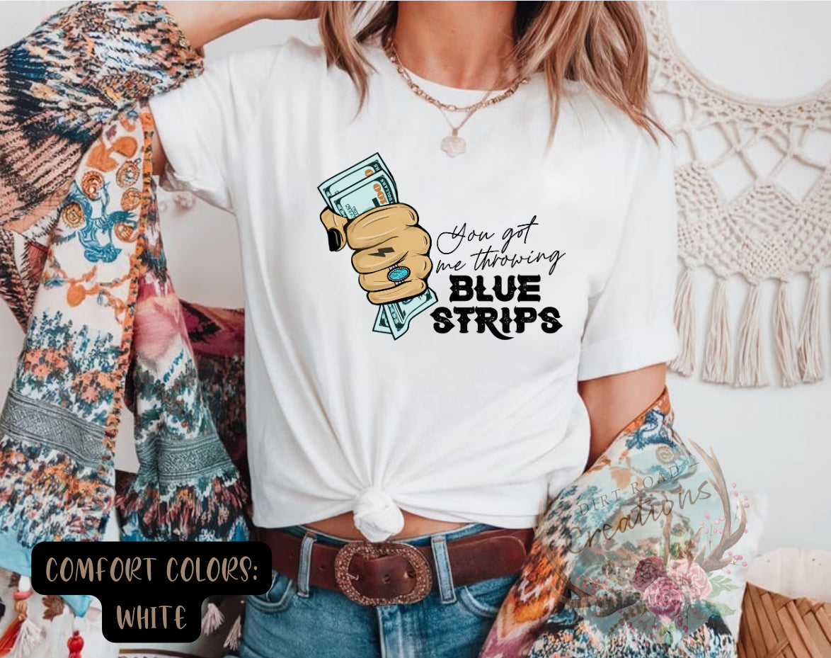 Throwing blue strips tee