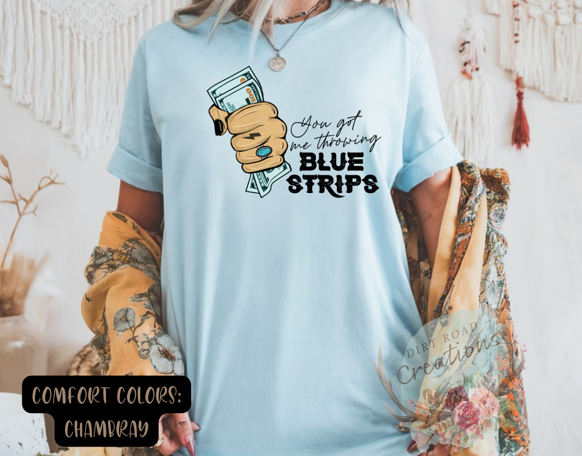 Throwing blue strips tee