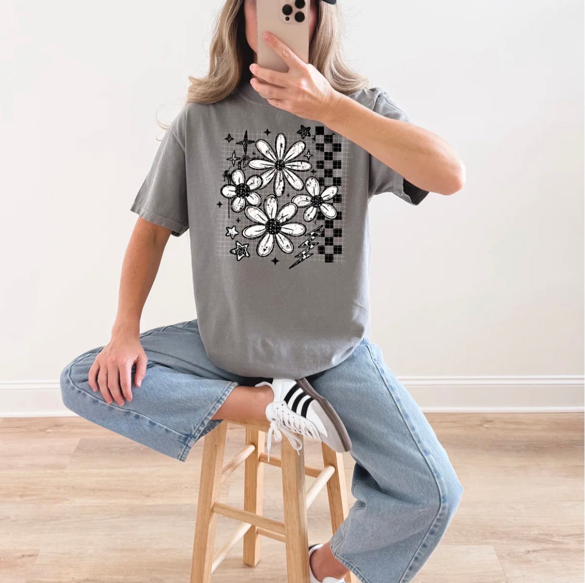 Black and white flowers graphic tee