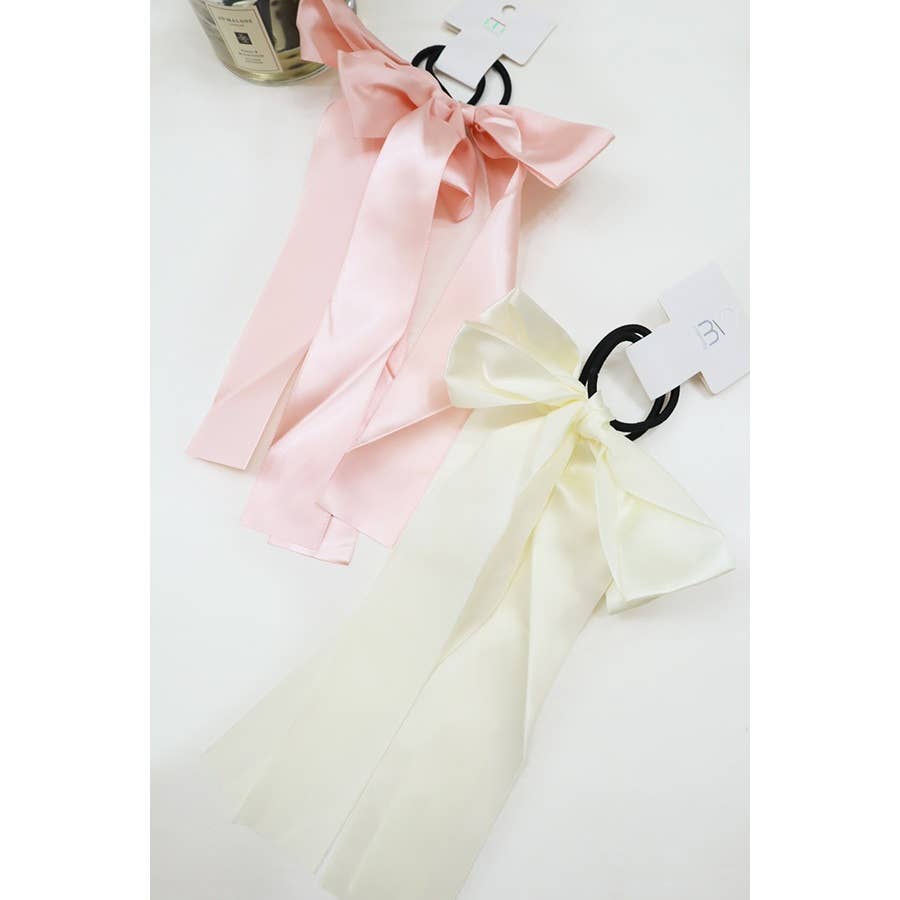 Solid Satin Long Ponytail Bow Hair Tie Set: MIX COLOR / ONE