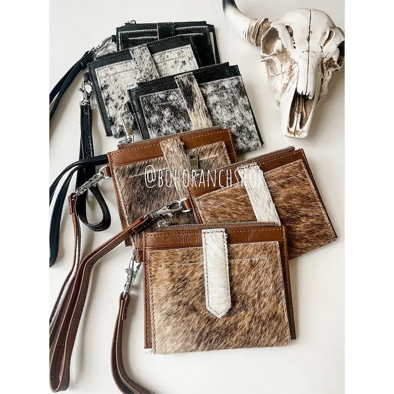 Western Cowhide Leather Wristlet Wallet Money Coins: 2 - BLACK + WHITE COWHIDE