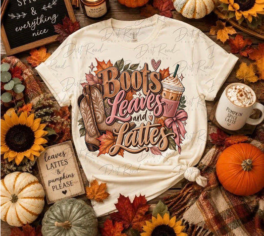 Boots leaves and lattes graphic tee