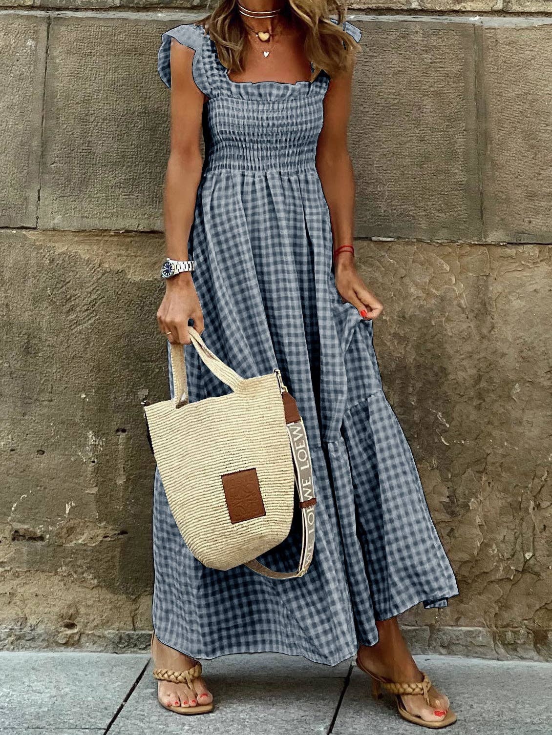 Gingham Smocked Maxi Dress: BLUE / L