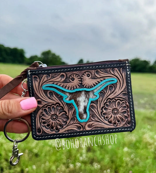 Longhorn Steer Western Cowhide Leather Keychain Wallet