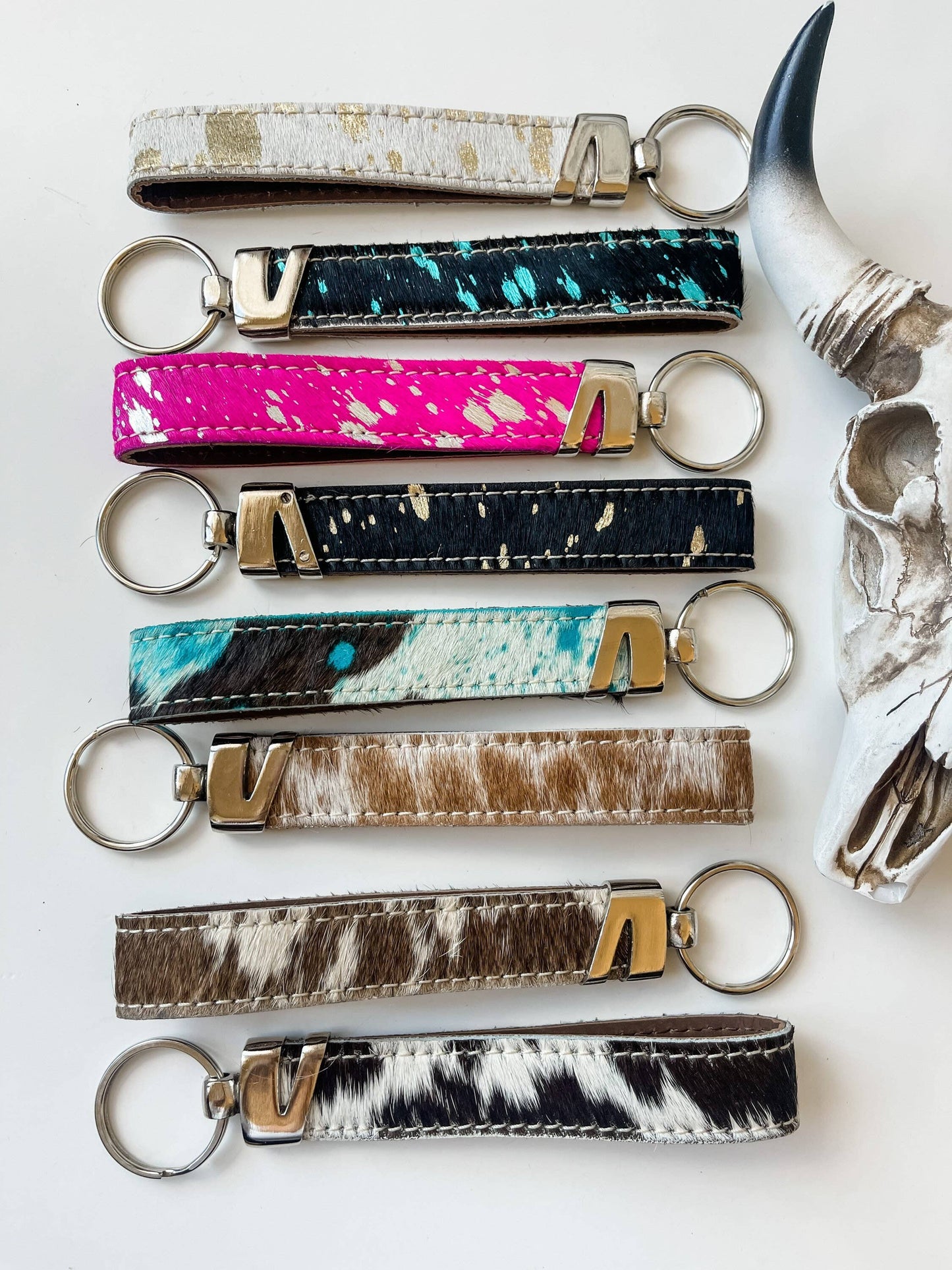 Western Hair On Cowhide Keychain: Brown + Turq Specs