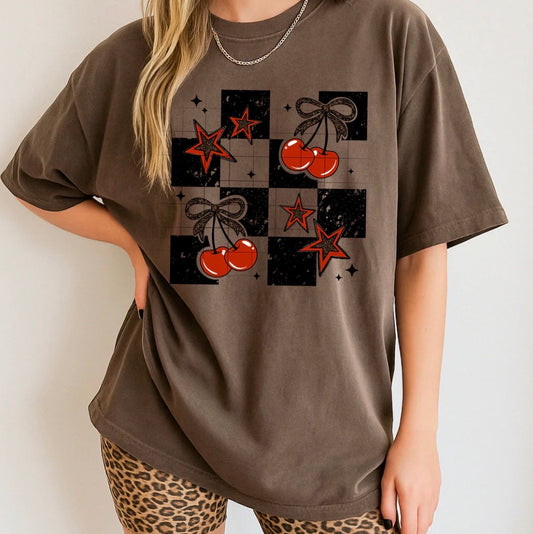 Checker and cherries graphic tee