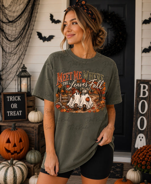 Meet me where the leaves fall graphic tee