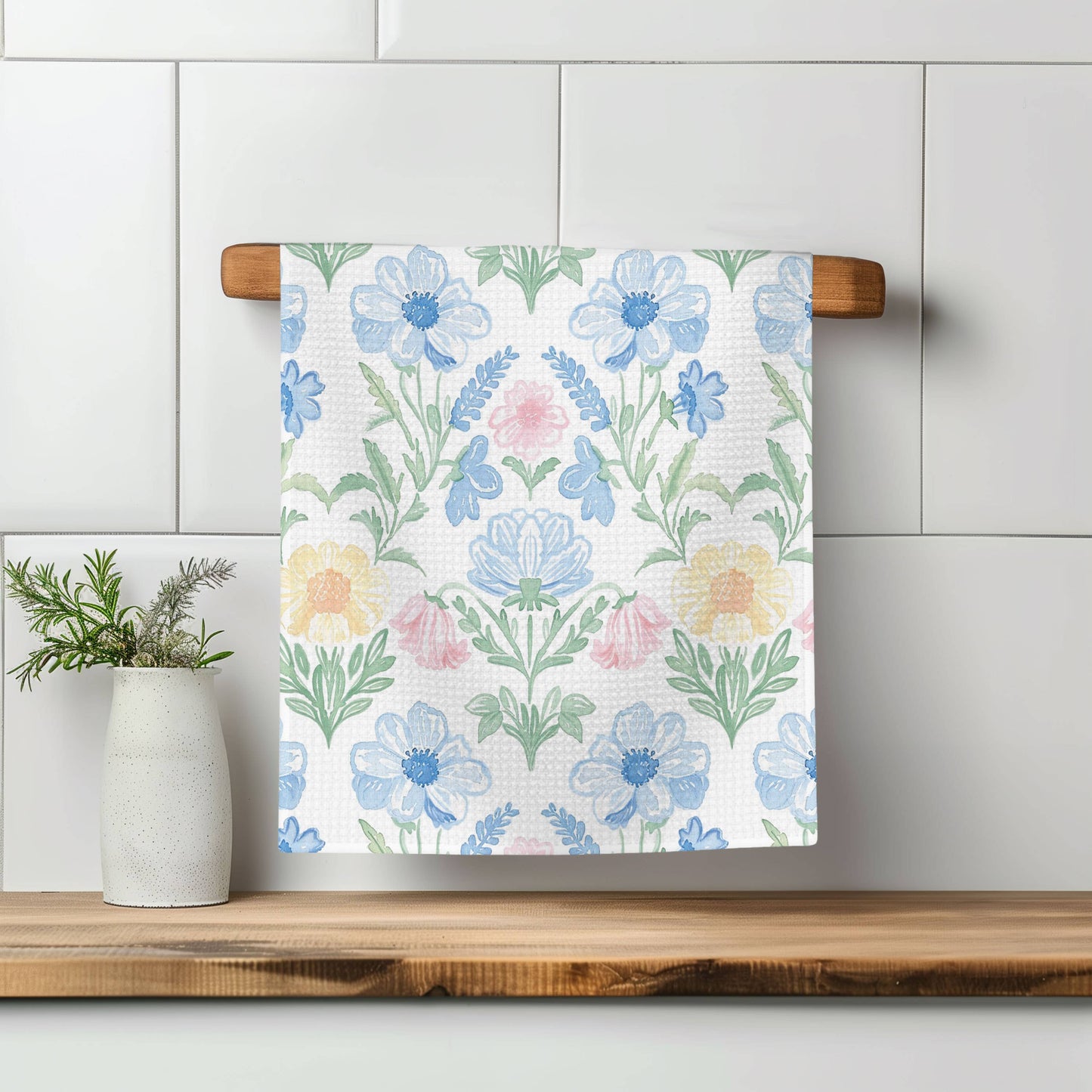 Chinoiserie Grandmillennial Kitchen Towel Blue Preppy Floral: Transparent Cellophane Sleeve