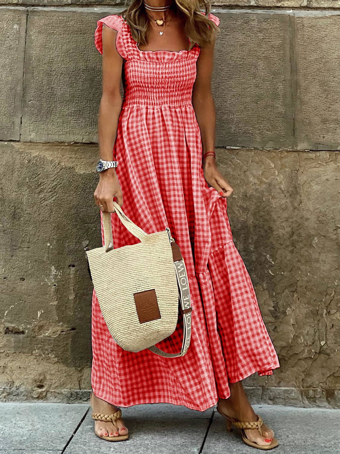 Gingham Smocked Maxi Dress: WHITE / 2XL