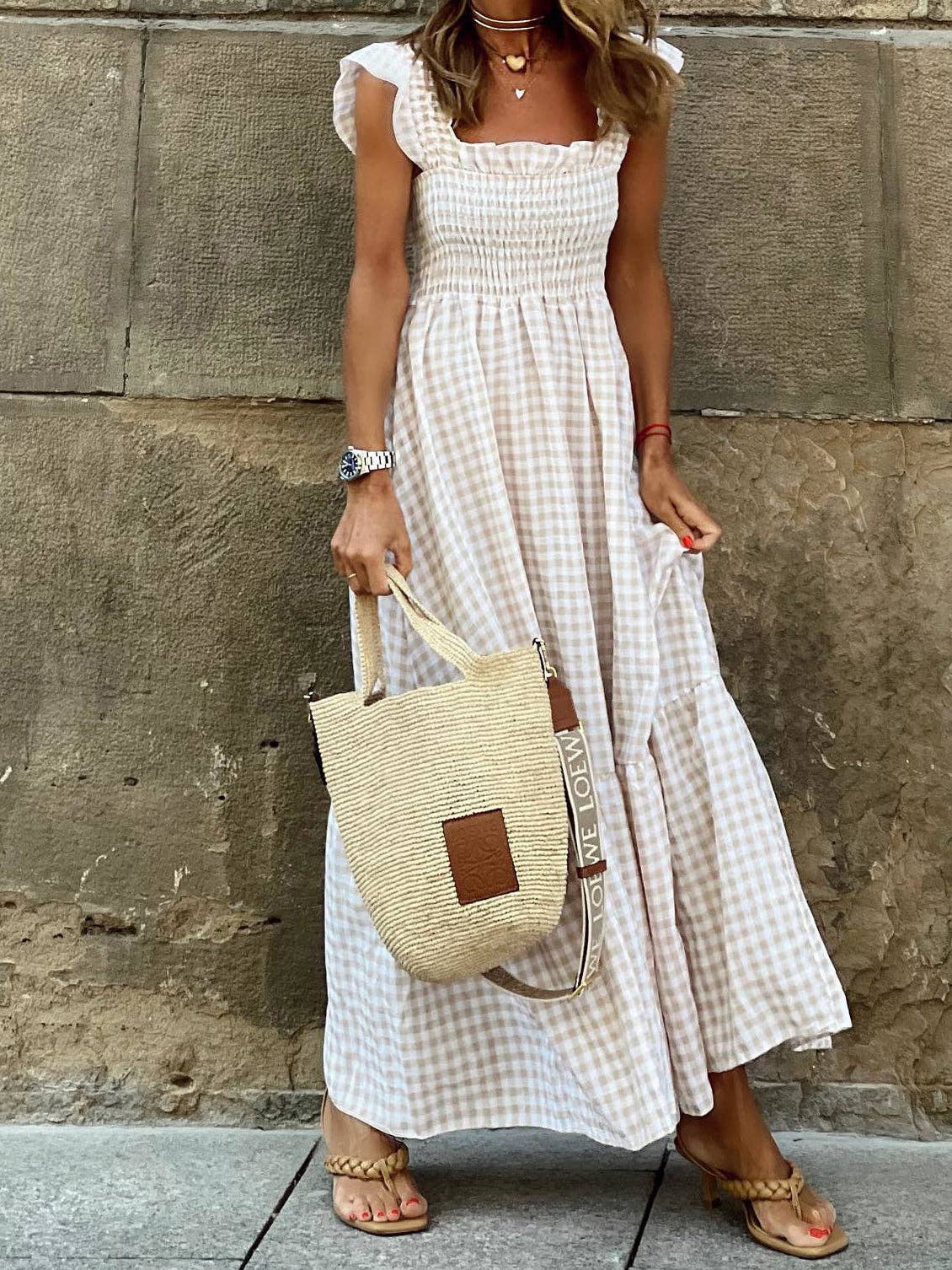 Gingham Smocked Maxi Dress: RED / L