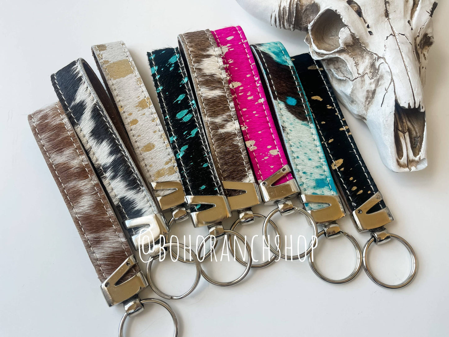 Western Hair On Cowhide Keychain: Brown + Turq Specs