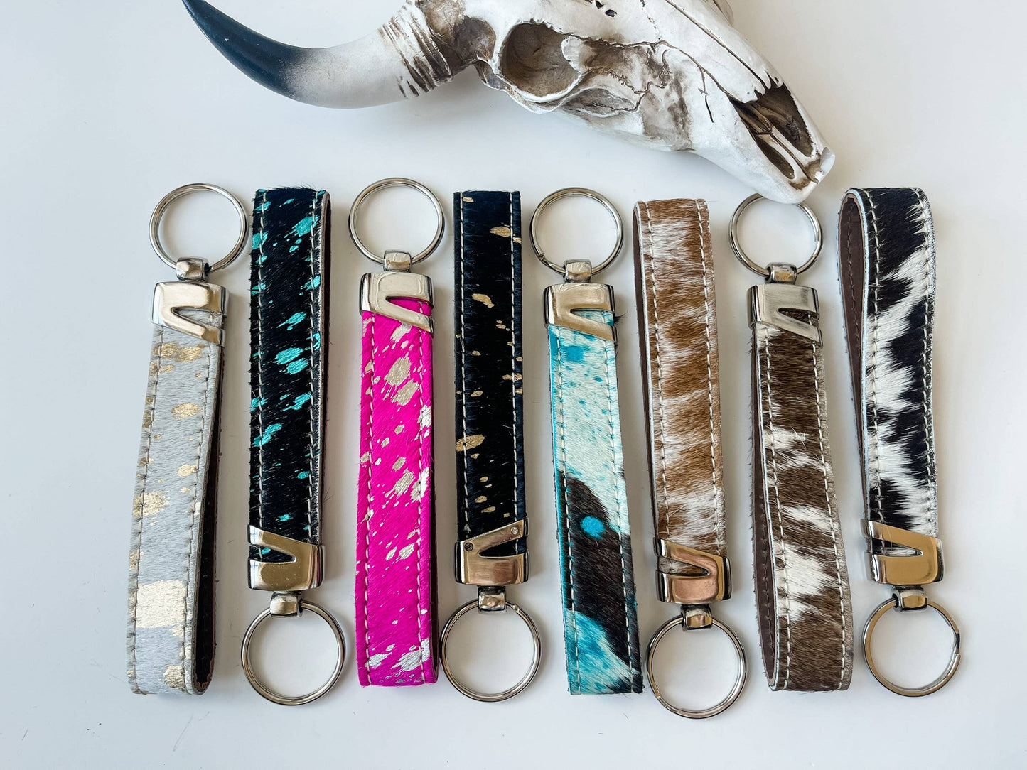 Western Hair On Cowhide Keychain: Black + white cowhide