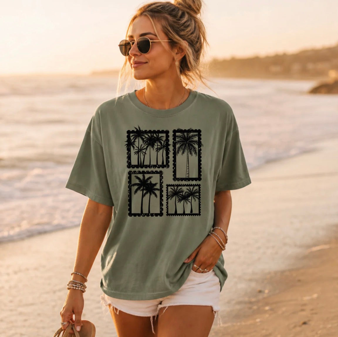 Palm tree stamps graphic tee