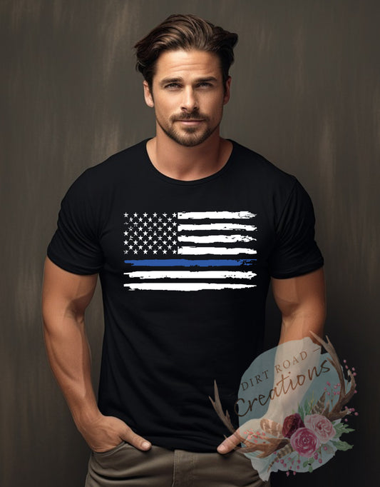 Thin blue line distressed flag tee