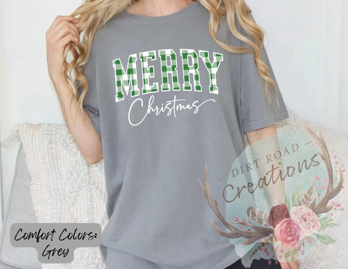 Green plaid Merry Christmas screen print tee