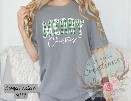 Green plaid Merry Christmas screen print tee