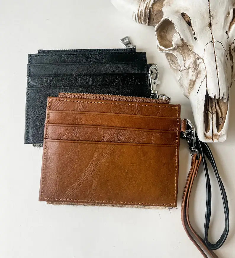 Western Cowhide Leather Wristlet Wallet Money Coins: 2 - BLACK + WHITE COWHIDE