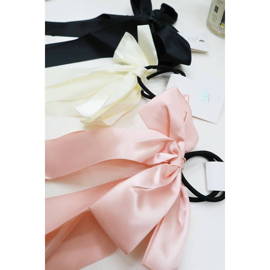 Solid Satin Long Ponytail Bow Hair Tie Set: MIX COLOR / ONE