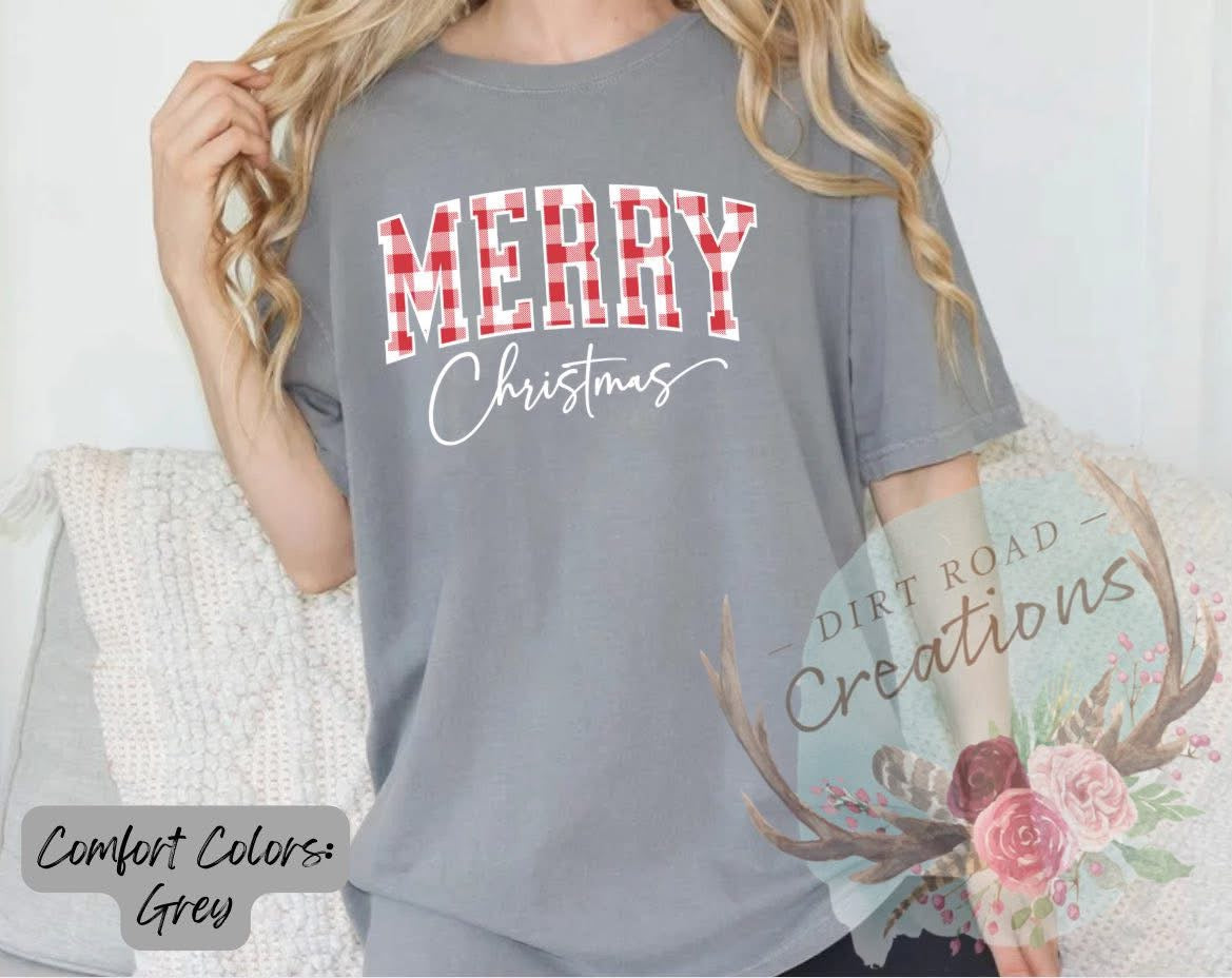 Red plaid Merry Christmas screen print tee