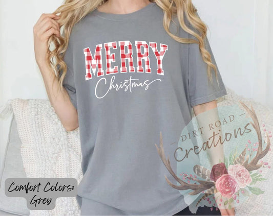 Red plaid Merry Christmas screen print tee