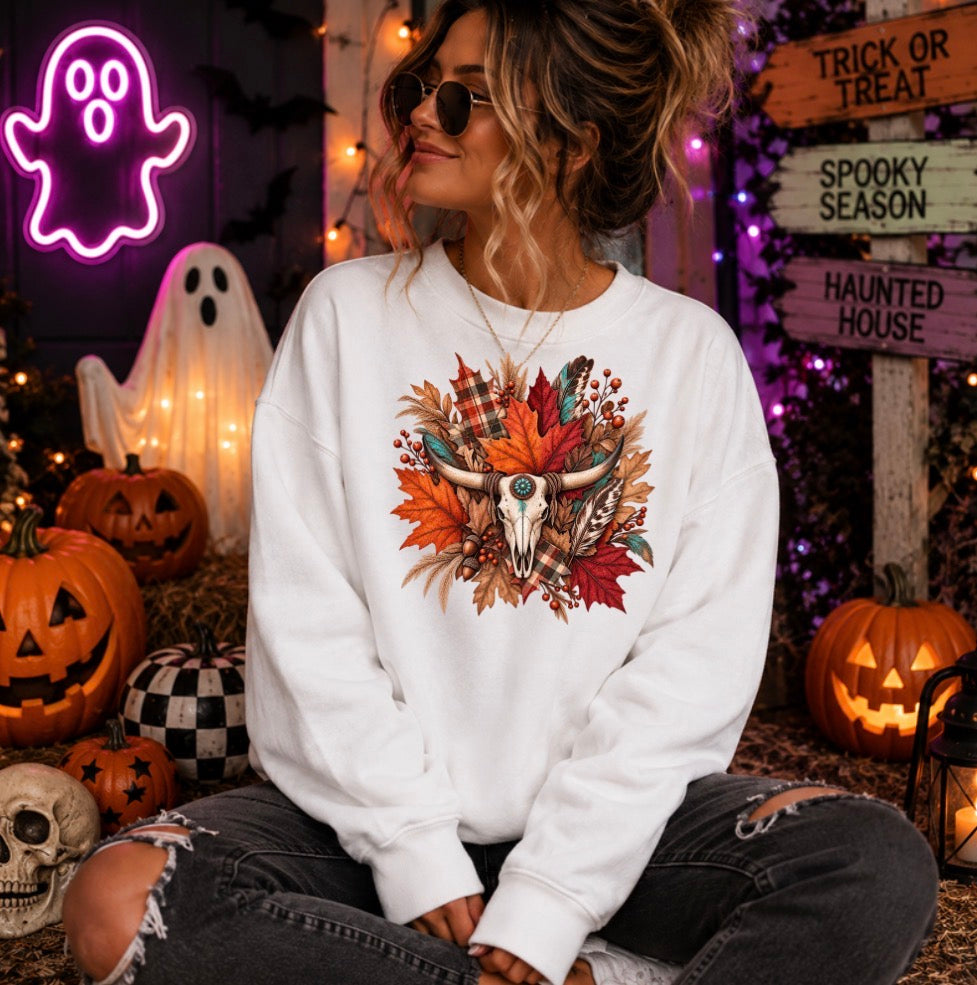 Bull skull leaves sweatshirt