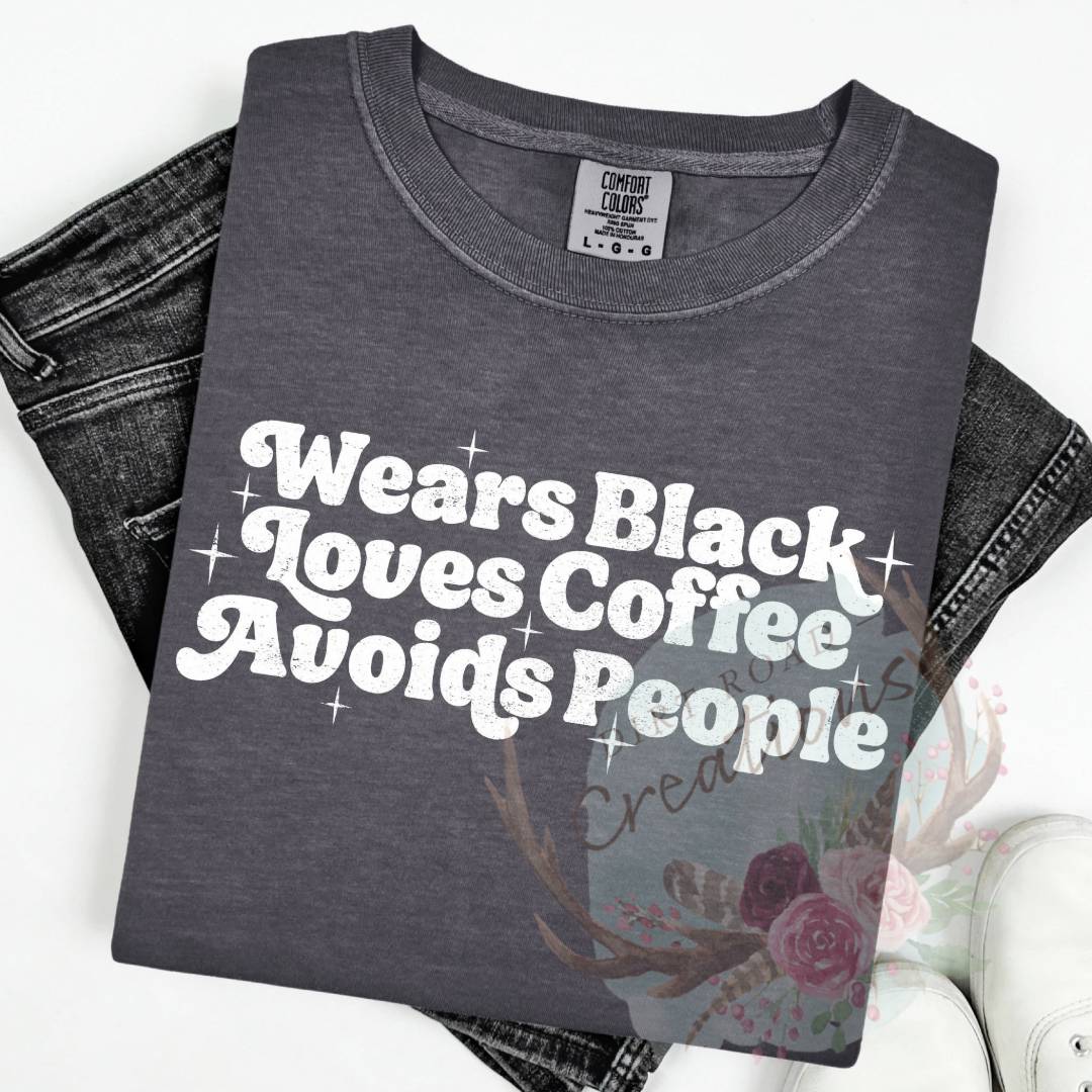 Wears black, drinks coffee screen print tee