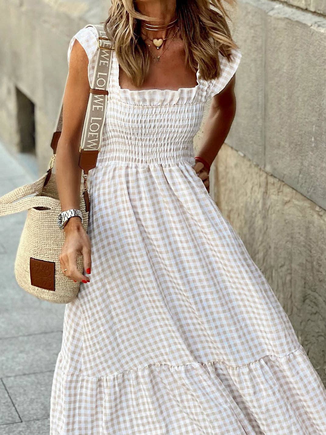 Gingham Smocked Maxi Dress: BLACK / XL