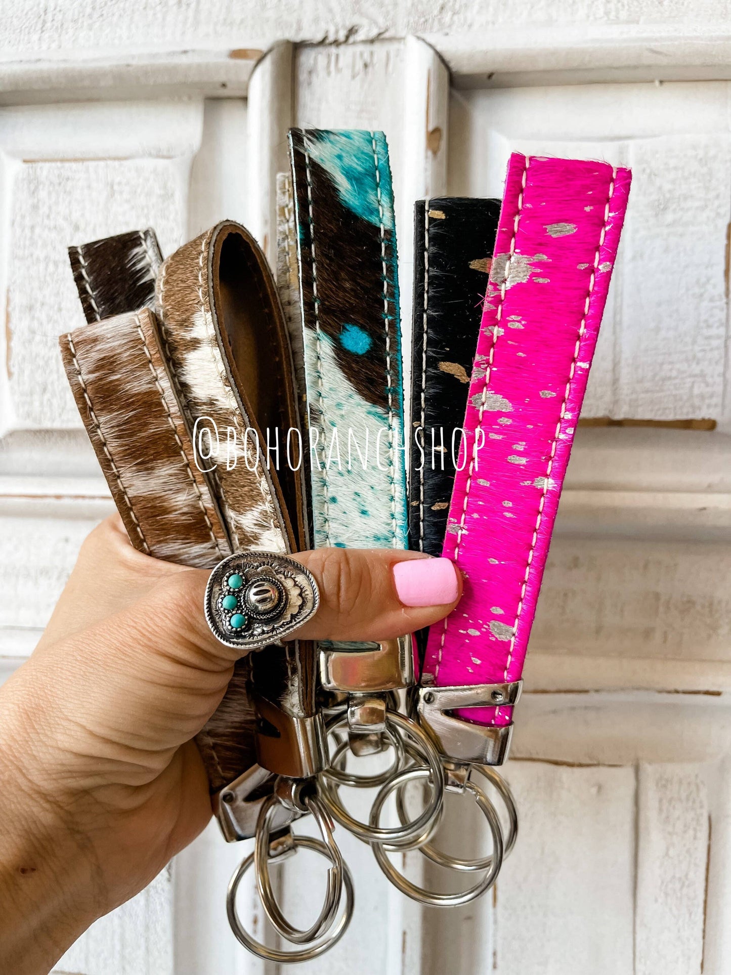 Western Hair On Cowhide Keychain: Brown + Turq Specs