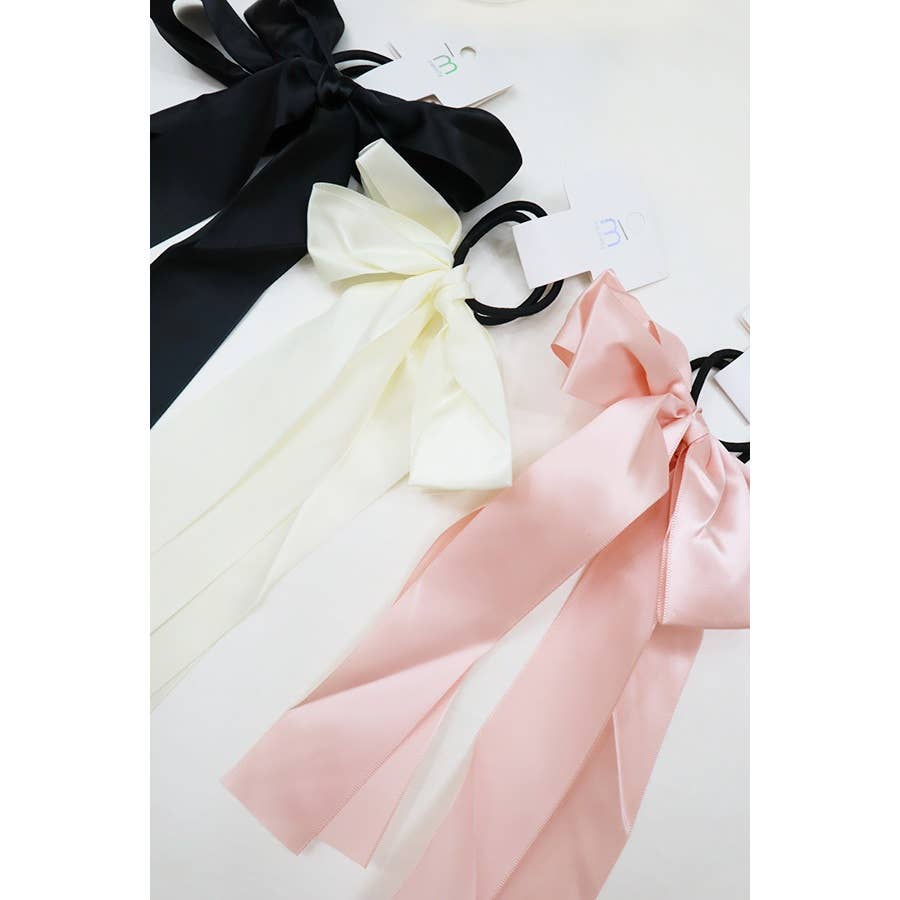 Solid Satin Long Ponytail Bow Hair Tie Set: MIX COLOR / ONE