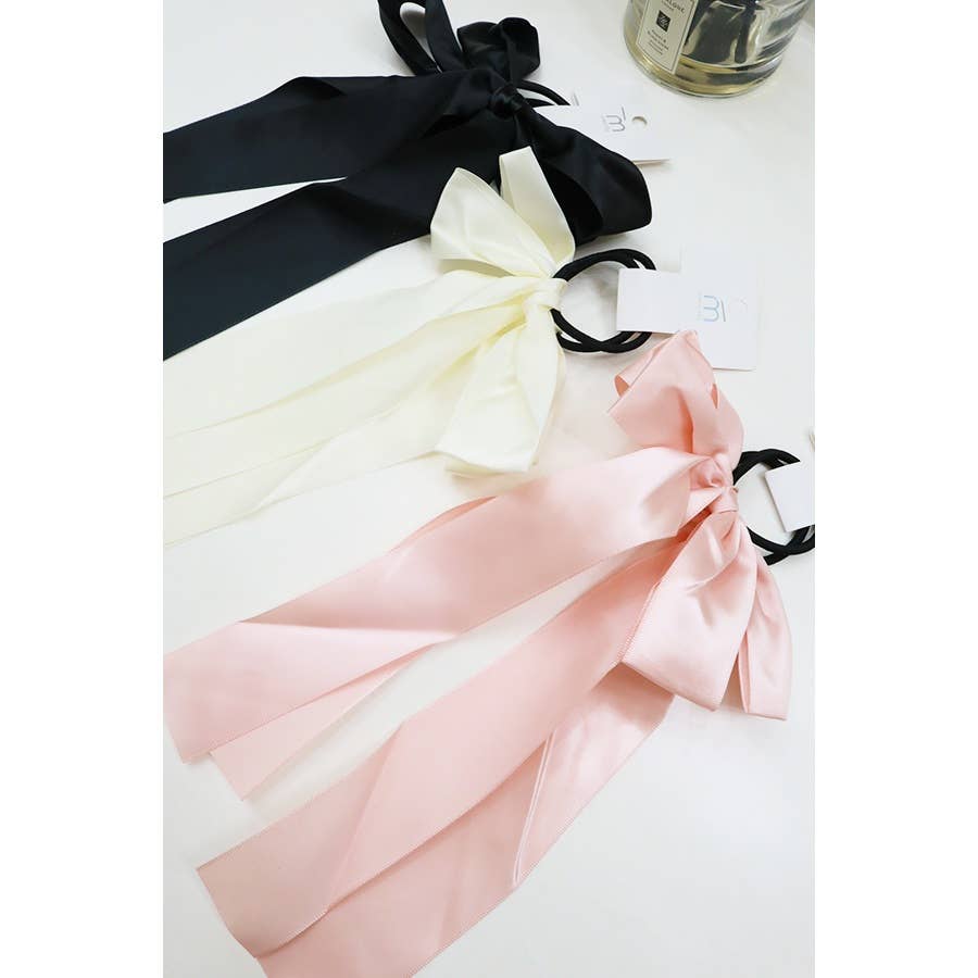 Solid Satin Long Ponytail Bow Hair Tie Set: MIX COLOR / ONE