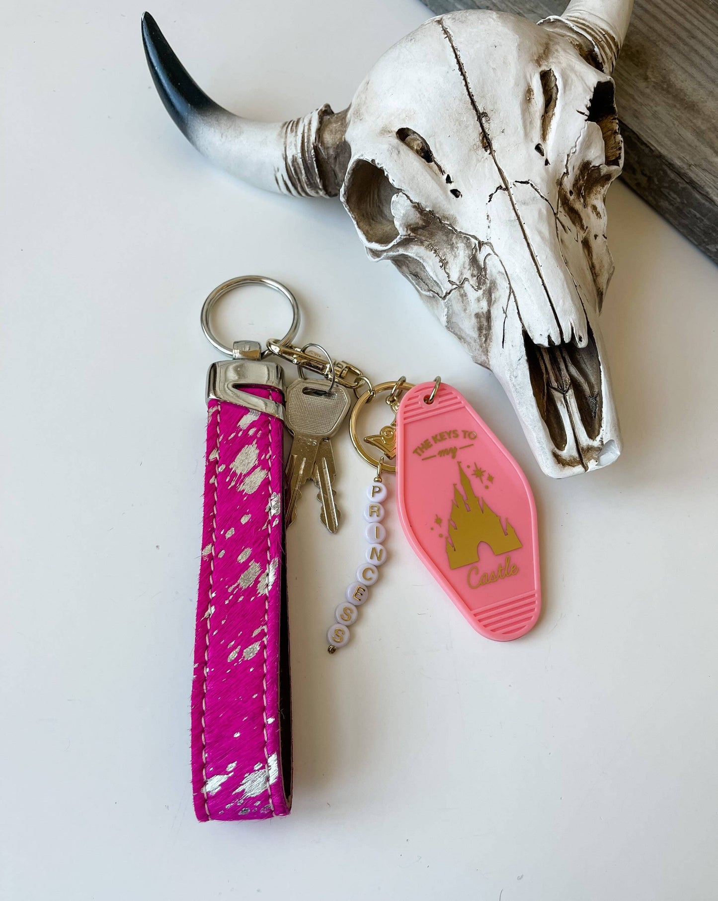 Western Hair On Cowhide Keychain: Brown + Turq Specs