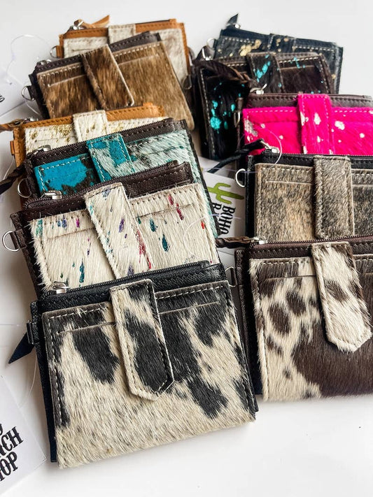 Western Cowhide Leather Wristlet Wallet Money Coins: 2 - BLACK + WHITE COWHIDE