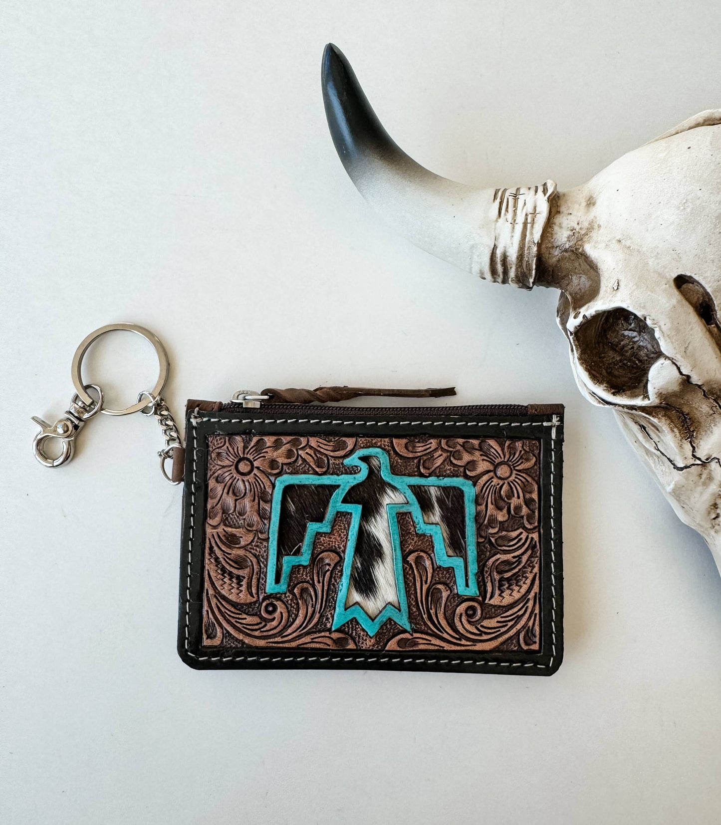 Thunderbird Western Cowhide Leather Keychain Wallet