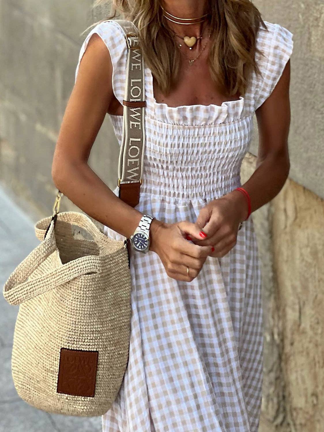 Gingham Smocked Maxi Dress: RED / L