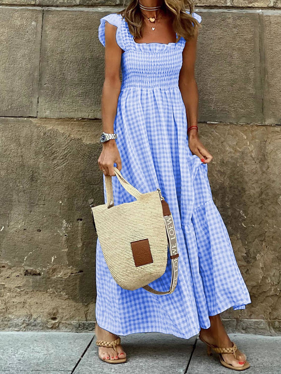 Gingham Smocked Maxi Dress: BLACK / XL