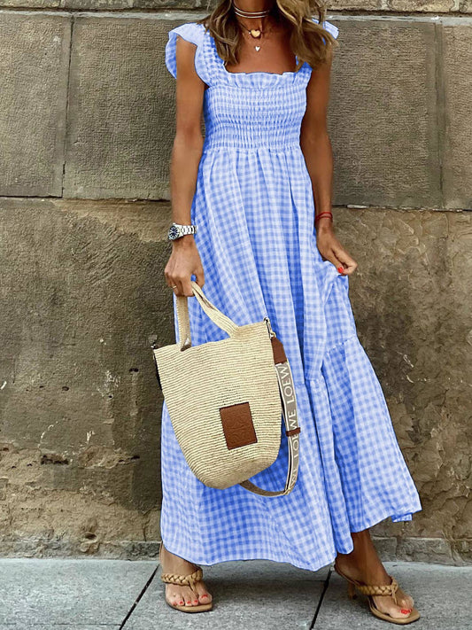 Gingham Smocked Maxi Dress: BLUE / L
