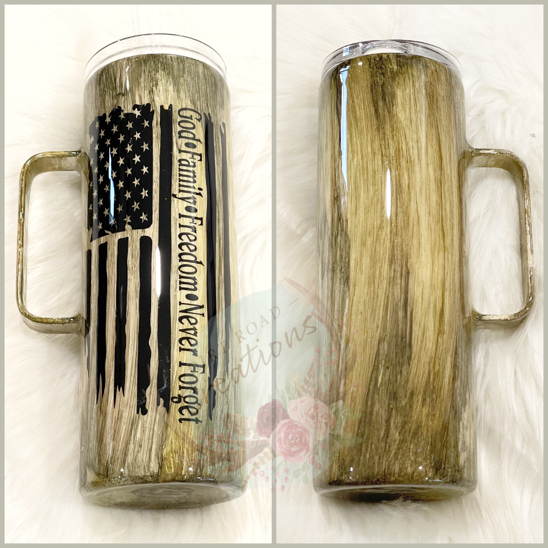 God•Family•Freedom•Never Forget Woodgrain Tumbler